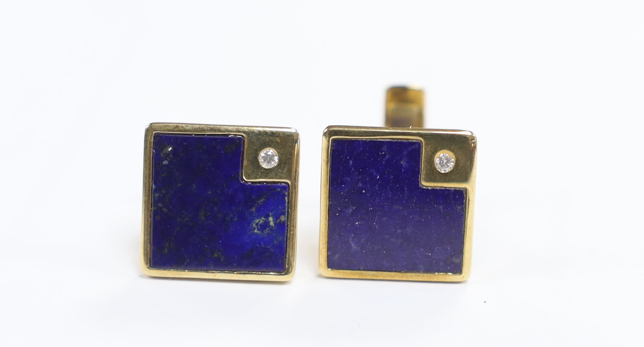 A modern pair of 9ct gold, lapis lazuli and diamond set square cufflinks, 16mm, gross weight 8.9 grams.